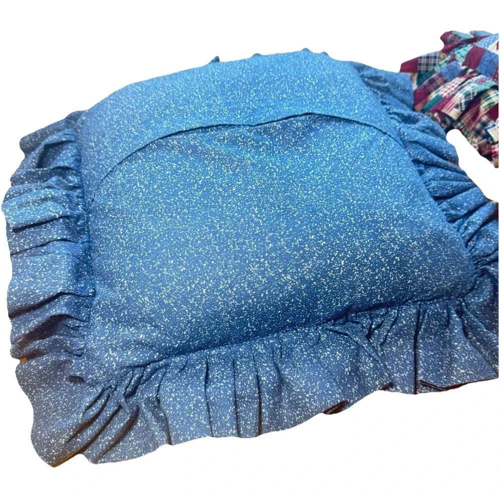 Vintage‎ Handmade Crochet Ruffle Pillow Pair Blue & Patchwork Country Cottage